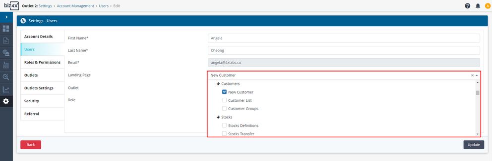 Edit your default landing page by navigating to Settings > Account Management > Users > Edit.
