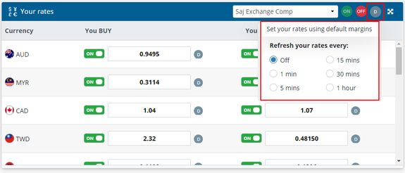 The menu to activate rate automation and select the time interval between the refreshing of rates