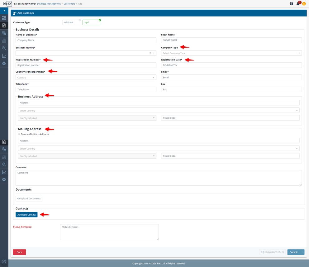 If you are adding a Legal customer, you will see the following form instead.