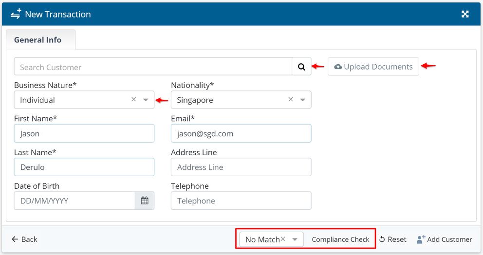 Compliance check button in the New Transaction section of the Dashboard screen