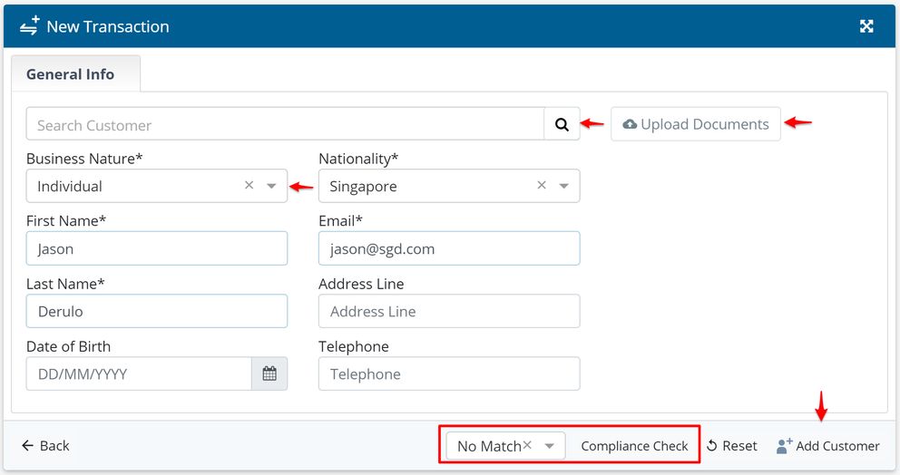 General Information tab where you can input new customer's details, upload a customer identification document, or perform a compliance check