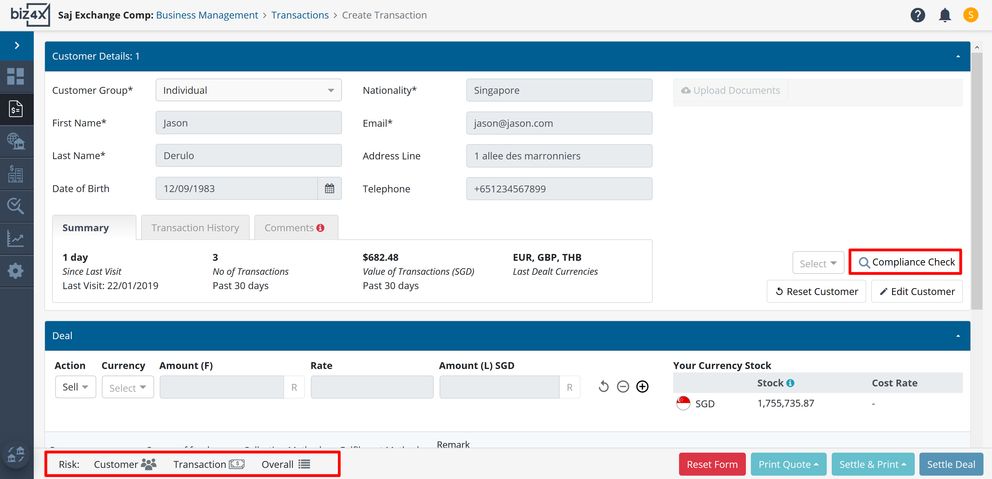 Compliance Check button and Transaction Risk Information section