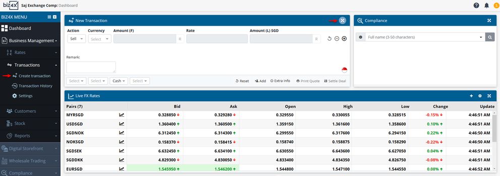 From the Dashboard, you can go to the Dedicated Transaction Interface by either clicking on the expansion icon for a shortcut to the screen, or navigating to Business Management > Create transaction from the main menu.