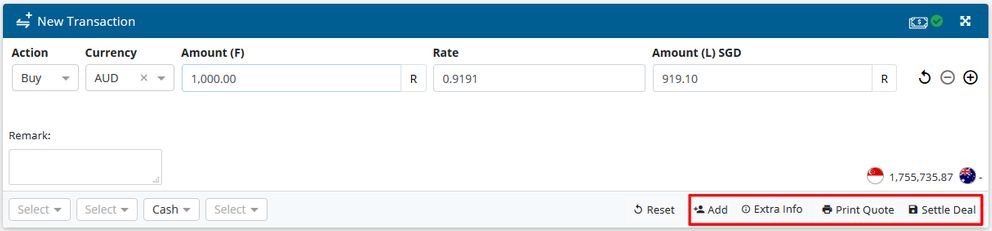 Add Customer, Extra Info, Print Quote, and Settle Deal buttons in the New Transaction section of the Dashboard