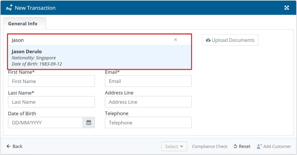 Search for customer details from the Dashboard screen